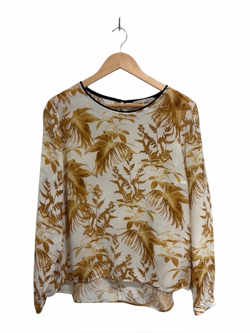 Mos Mosh Leaf Print Long-Sleeve Blouse Black Trim Button-Cuff Cupro